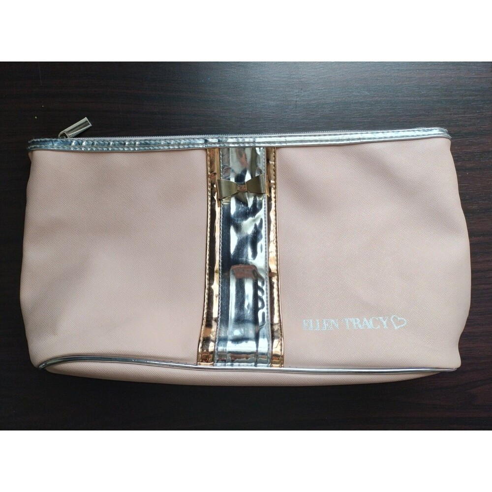 Travel Ellen Tracy Cosmetic Makeup Bag Pink Bow Zip Organizer Storage Toiletry